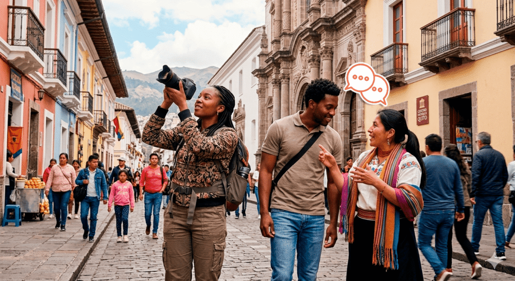 tres personas paseando mientras una toma una foto